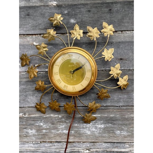 Vintage MCM United Starburst Ivy Leaves Electric wall clock Gold - Picture 7 of 14